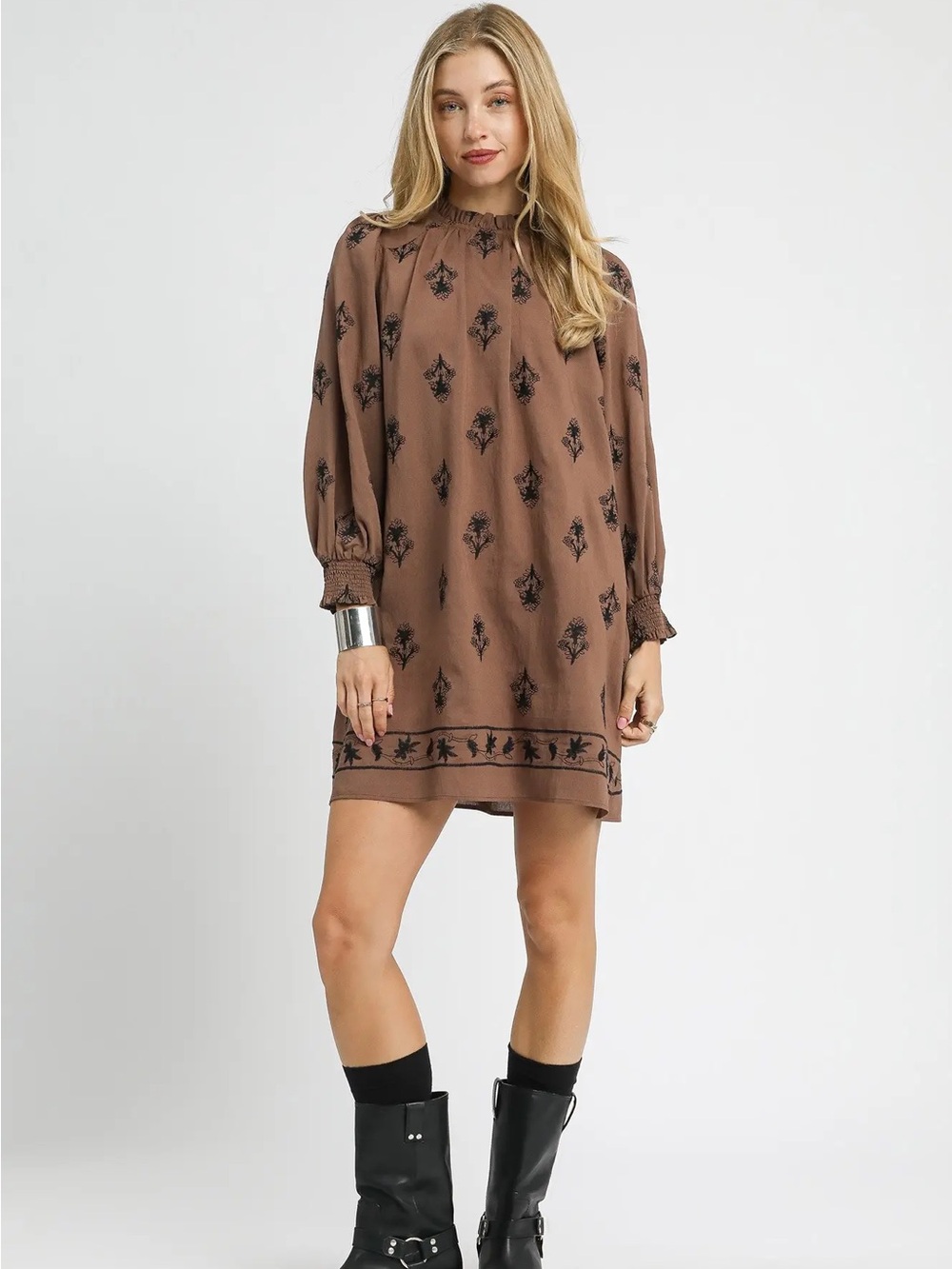 Umgee Brown Printed Long-Sleeve Mini Dress